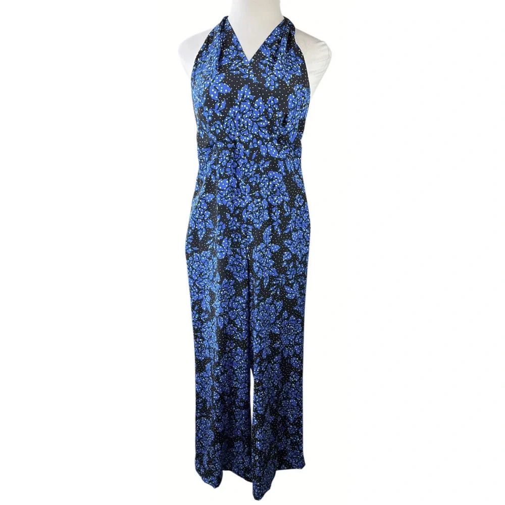 DVF Diane Von Furstenberg 100% Silk Black & Blue Halter Jumpsuit Women's Size 12 - Picture 3 of 16